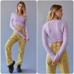 Urban Outfitters Bibi Ribbed Knit Cropped Wrap Sweater in Lilac | Large